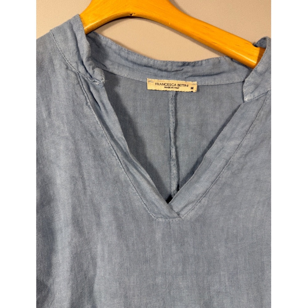 Francesca Bettini Italy Light Blue Linen V-Neck High Low Tunic Top Medium